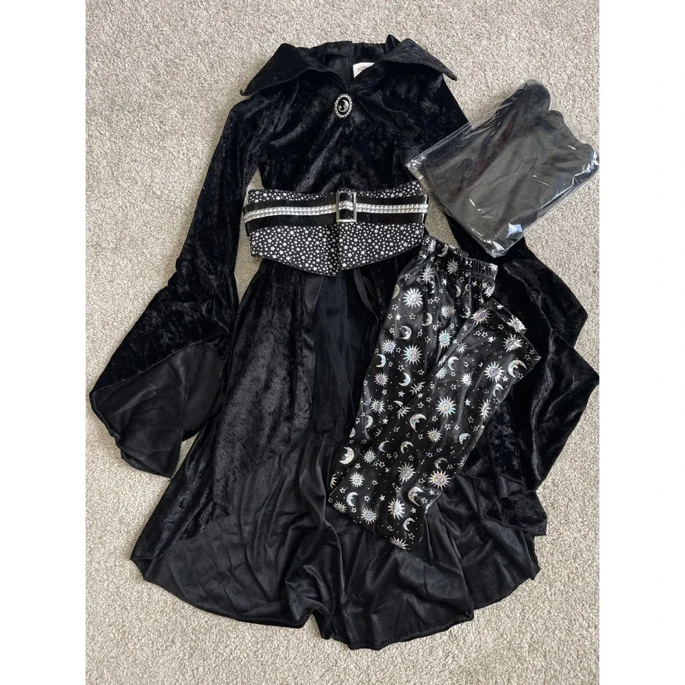 Rubies Coven Witch Costume Girls Medium 7-8 Black Velvet Dress Leggings Hat